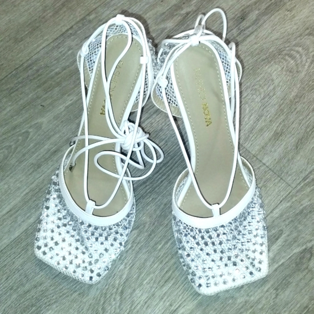 Whire Fashion Nova  strappy heels